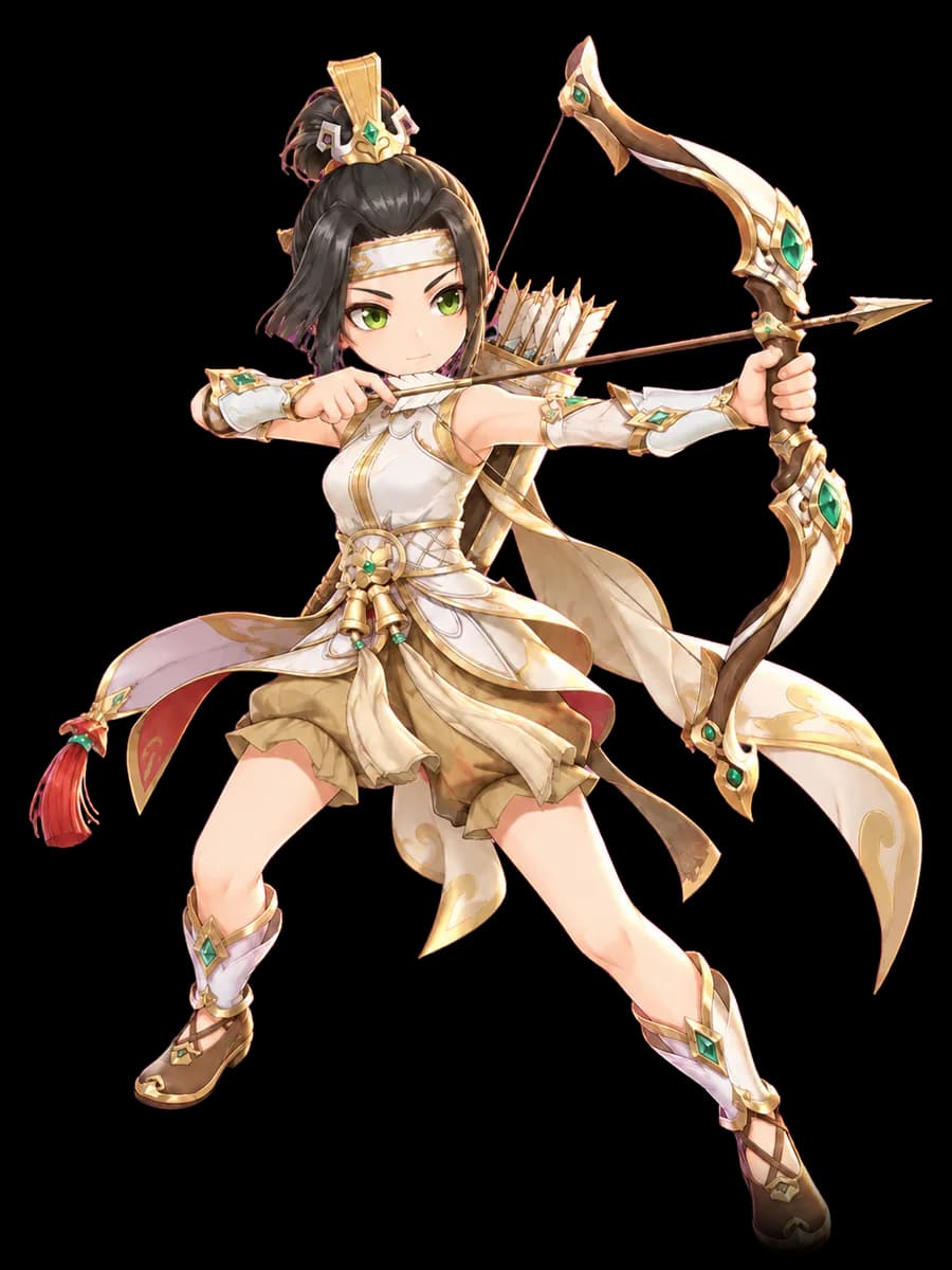 นักธนู จอมยุทธ์หญิงสวมมงกุฎทองและผ้าคาดศีรษะ กำลังน้าวคันธนู