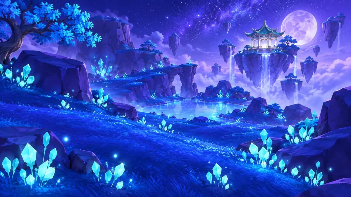 ดินแดนแห่งเซียน ทุ่งหญ้าเรืองแสงสีน้ำเงิน ผลึกสีฟ้า และศาลาบนเกาะลอยฟ้า